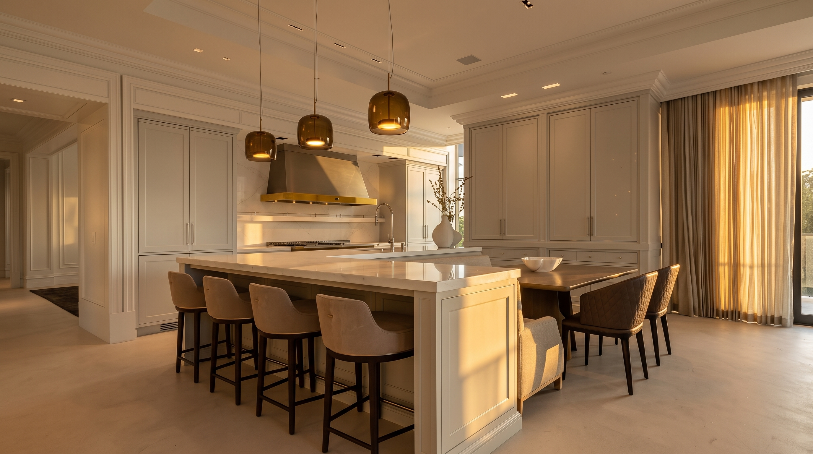 This sophisticated, modern kitchen features a large central island with light-toned bar stools and a seamless stone countertop. The space is defined by clean lines, neutral cabinetry, and three elegant pendant lights hanging above the island, creating a bright and airy atmosphere. A dining area is integrated into the island structure, complemented by dark-toned chairs, while floor-to-ceiling curtains frame the window area to the right.