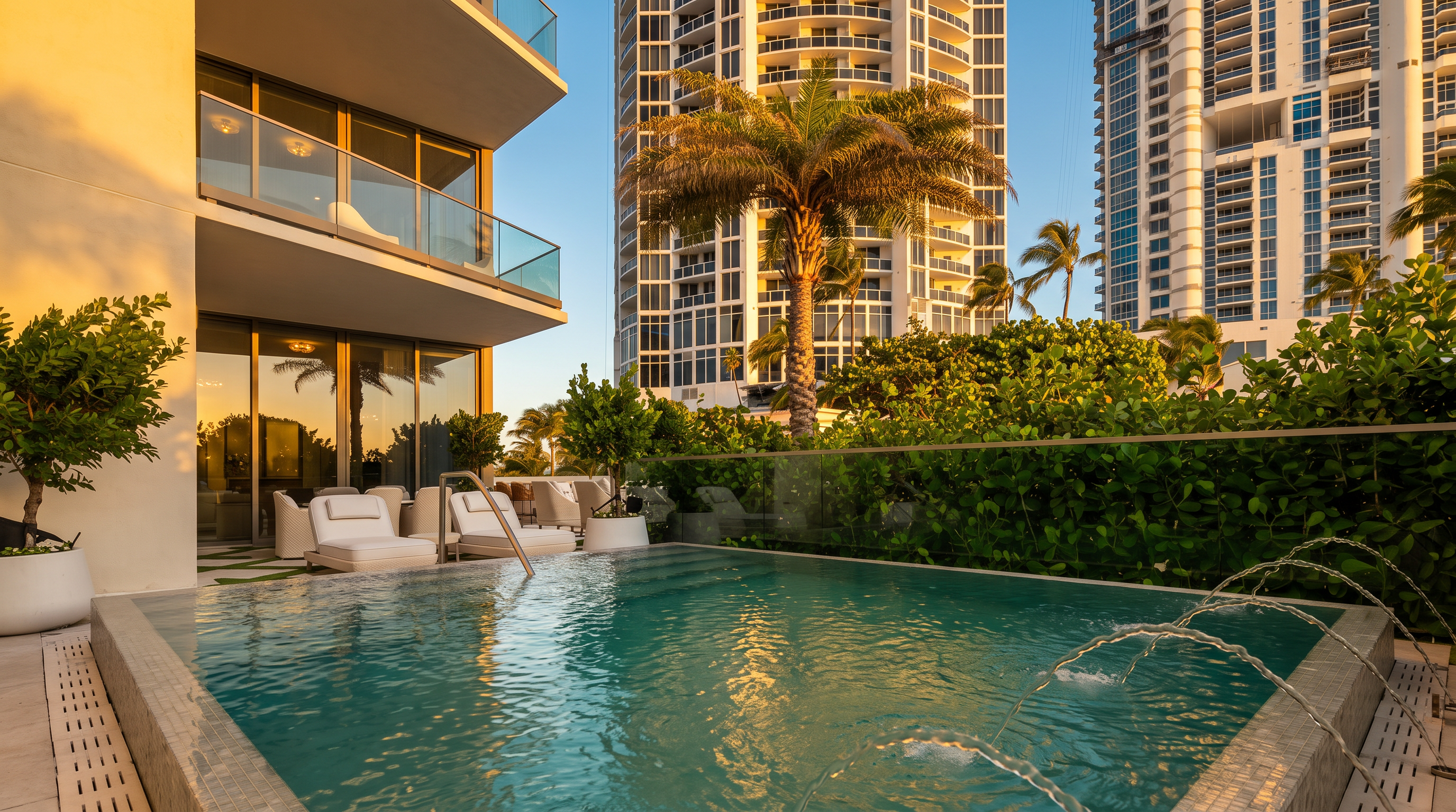 This luxurious outdoor space features a private, turquoise-tiled swimming pool with integrated water fountains, set against a backdrop of lush greenery and tall palm trees. A sleek glass railing separates the pool area from the surrounding landscape, while modern lounge chairs are positioned on the adjacent patio near the building's large glass sliding doors. The scene captures a sophisticated, resort-like atmosphere with high-rise architecture visible in the distance.