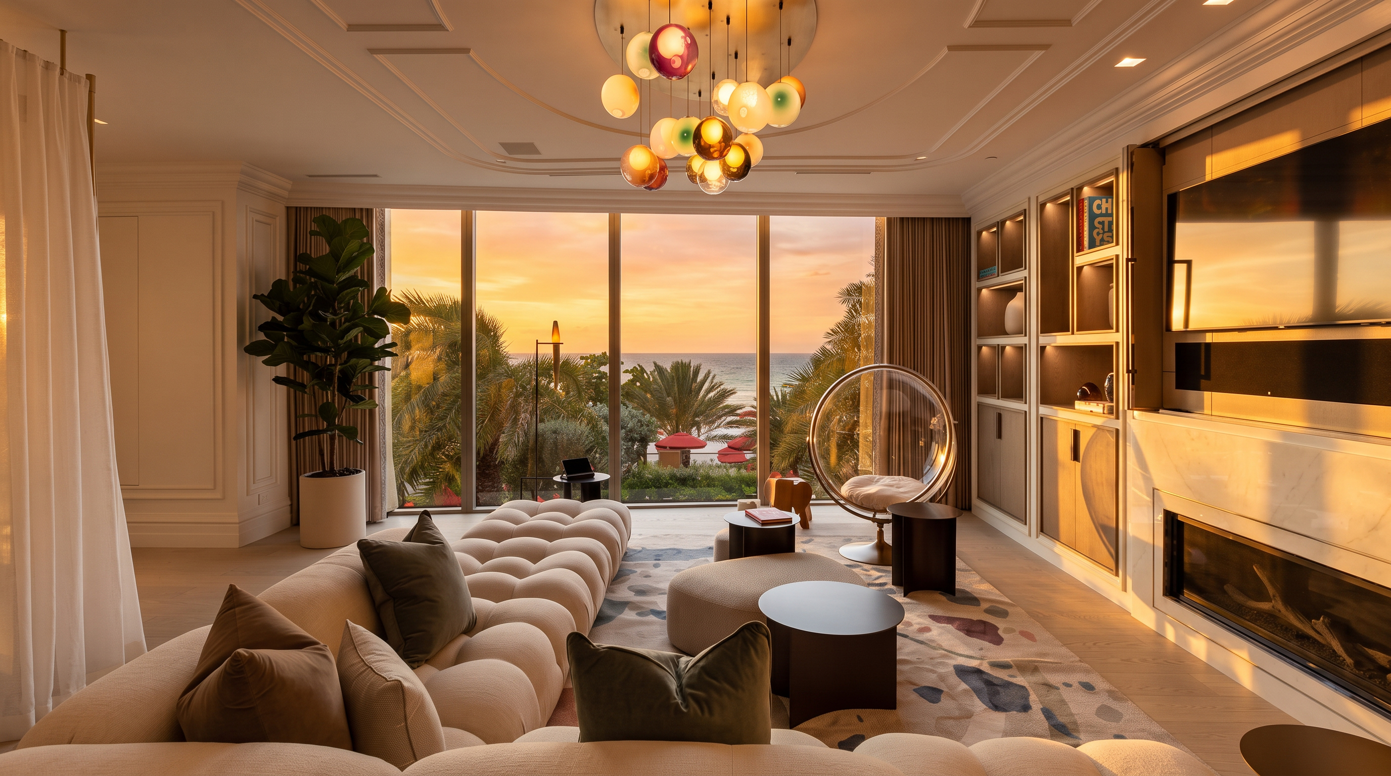 This sophisticated living room features a plush, modular cream-colored sofa arranged around a patterned area rug and a collection of circular coffee tables. A striking, multi-colored glass orb chandelier hangs from the ceiling, while a clear, spherical hanging chair provides a unique seating option near the expansive glass wall. The room is framed by built-in shelving and a sleek fireplace, all set against a backdrop of lush palm trees and a clear blue ocean view.