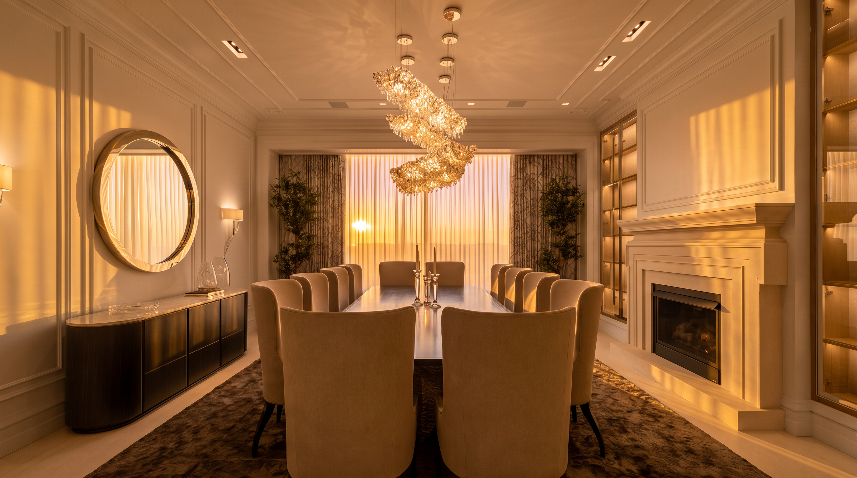 This elegant dining room features a long table surrounded by eight upholstered chairs, centered beneath a dramatic, multi-tiered crystal chandelier. To the left, a sleek black sideboard sits beneath a large circular mirror, while a fireplace with a classic mantel serves as a focal point on the right. The room is framed by white wall molding and large windows covered by floor-to-ceiling drapery, creating a sophisticated and formal atmosphere.
