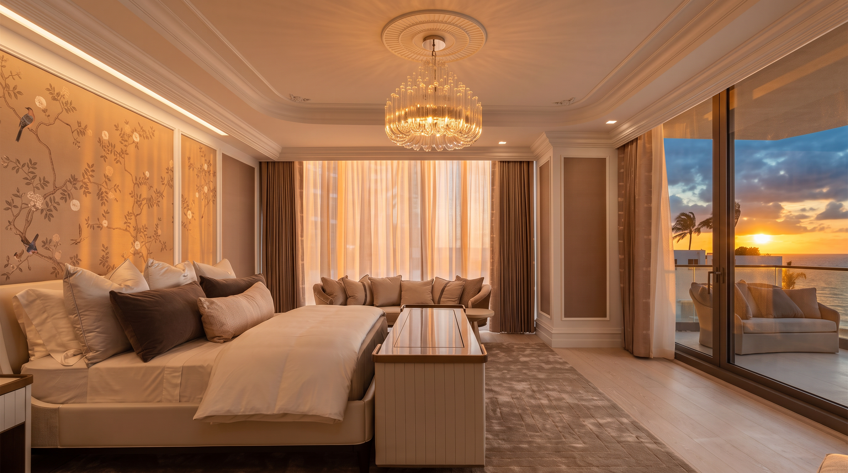 This luxurious primary bedroom features a sophisticated neutral color palette with elegant wall paneling and a floral-patterned accent wall. A large bed with plush bedding sits in the center of the room, complemented by a sleek bench at the foot and a crystal chandelier overhead. Large glass sliding doors provide access to a private balcony with ocean views, while soft drapery frames the expansive windows.