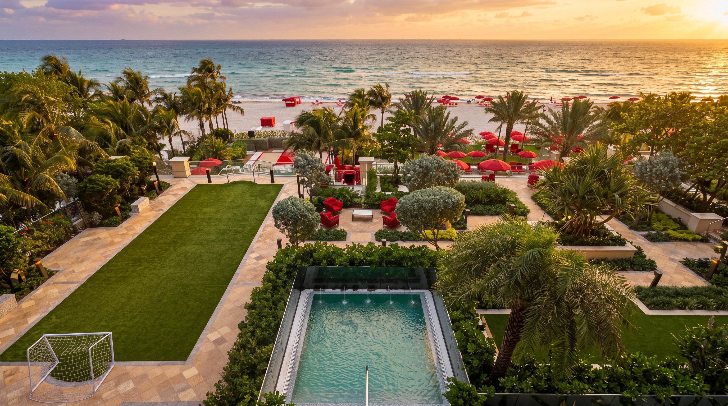 This high-angle aerial view captures a luxurious outdoor living space featuring a private swimming pool with water features, a manicured green lawn, and a paved patio area with red lounge chairs. The property seamlessly transitions into a lush tropical landscape that leads directly to a sandy beach and the ocean. The perspective emphasizes the resort-style amenities and the prime beachfront location of the residence.