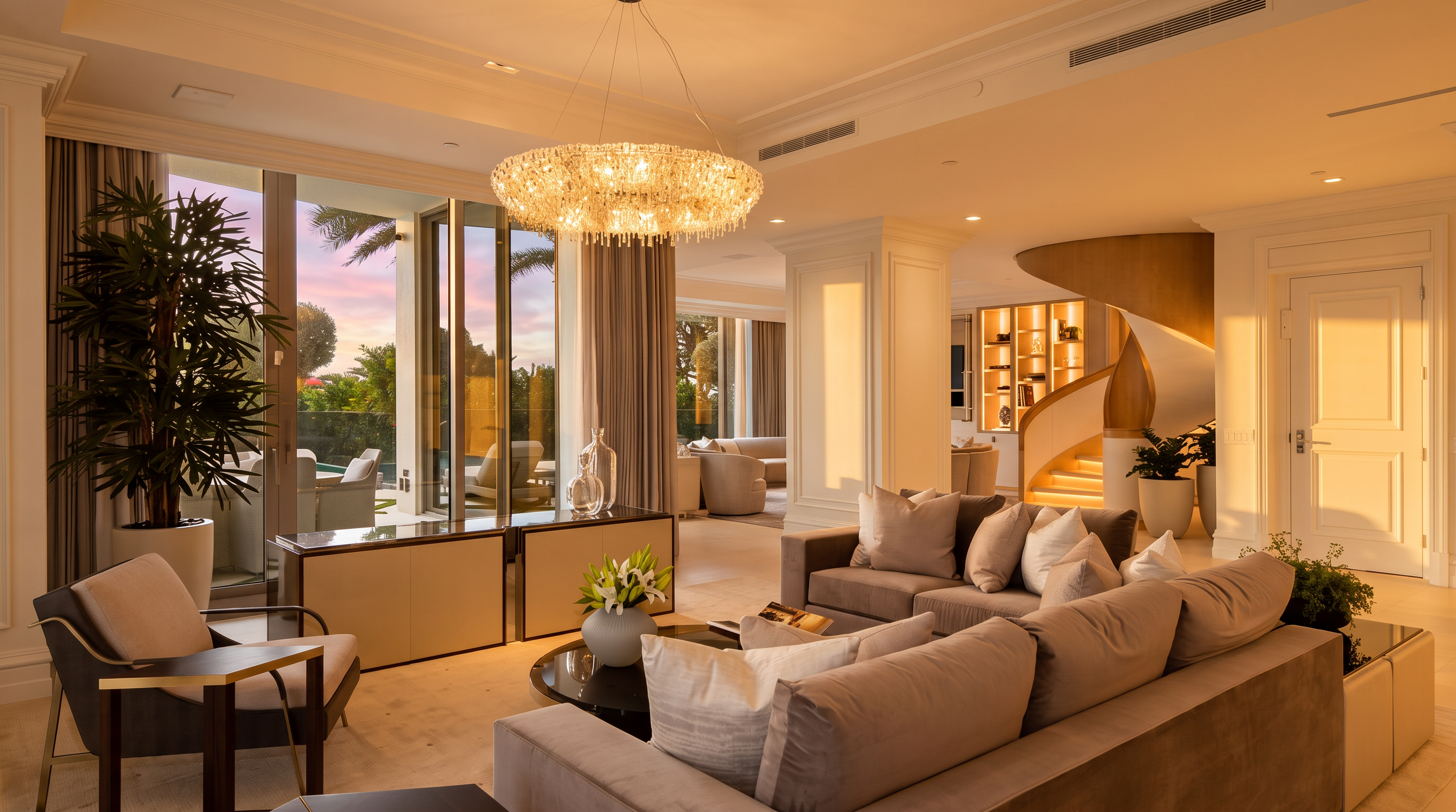 This expansive, light-filled living room features a sophisticated neutral color palette and an open-concept layout that flows seamlessly toward a curved staircase. Large glass doors provide a clear view of the outdoor greenery, while a striking, multi-tiered crystal chandelier serves as a focal point above the seating area. The space is furnished with plush, contemporary sofas and a low-profile console, creating an atmosphere of refined elegance and comfort.