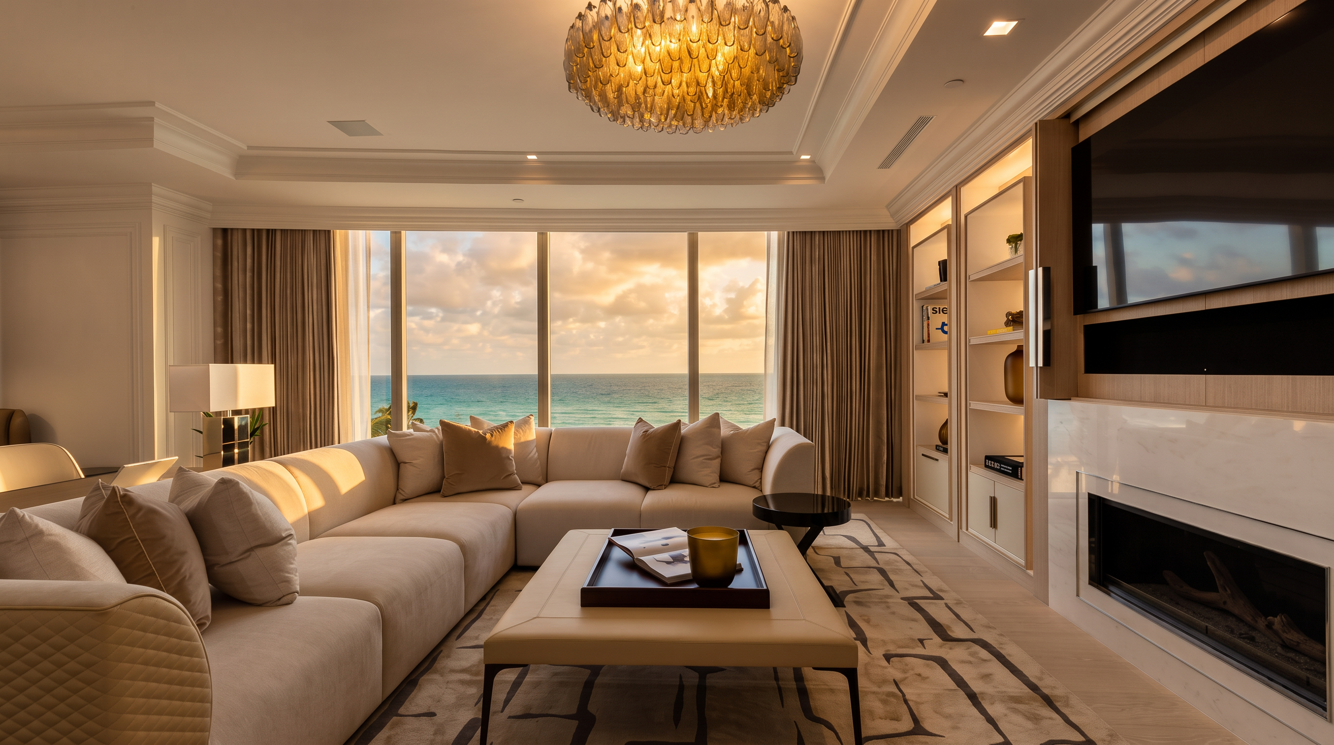 This sophisticated living room features a large, neutral-toned sectional sofa arranged around a central ottoman, set atop a patterned area rug. A prominent fireplace with a sleek, light-toned surround serves as a focal point, while floor-to-ceiling windows provide an expansive, unobstructed view of the ocean. The space is illuminated by a striking, multi-faceted chandelier, creating an elegant and airy atmosphere perfect for coastal luxury living.