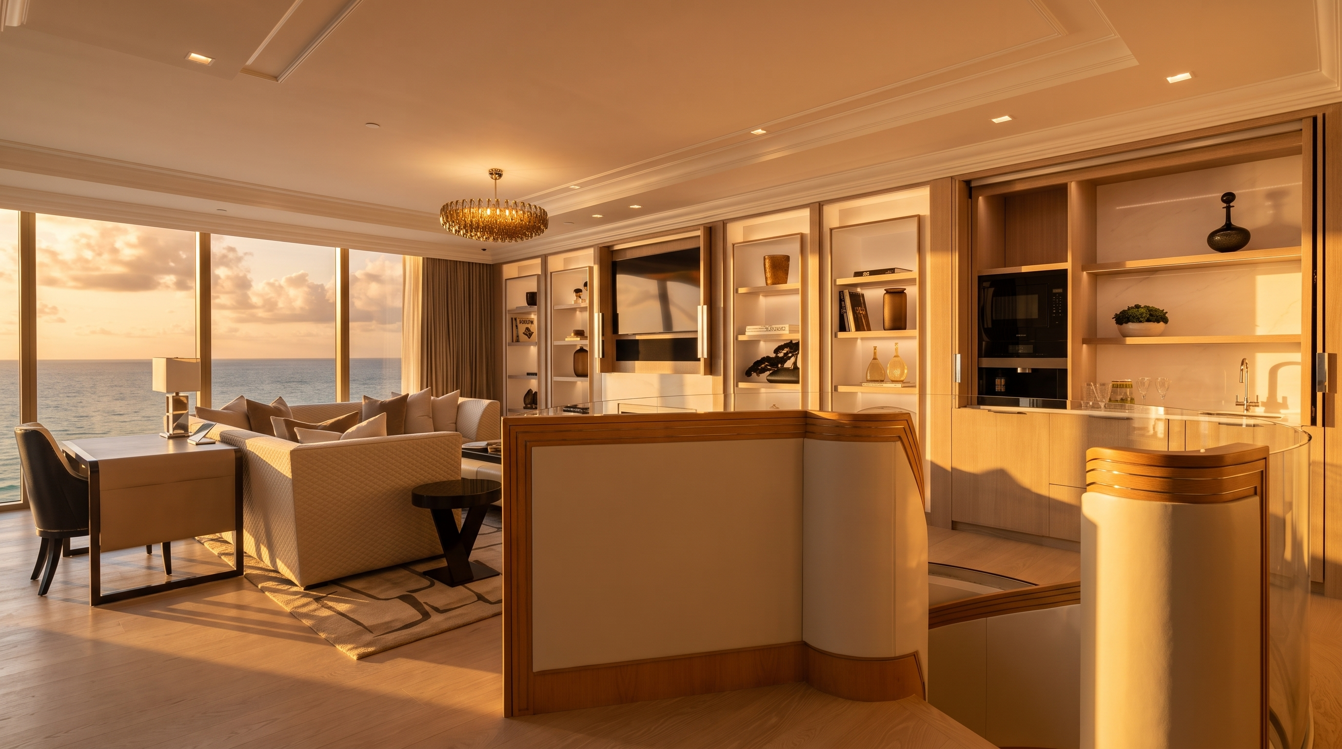 This sophisticated living area features a neutral color palette and an open-concept layout that emphasizes the expansive ocean views through large windows. The space includes a comfortable seating area with a plush sofa, a built-in media wall with integrated shelving, and a sleek wet bar area with light wood cabinetry. The perspective from the foreground captures a curved architectural partition, leading the eye toward the bright, airy living space and the coastal horizon.