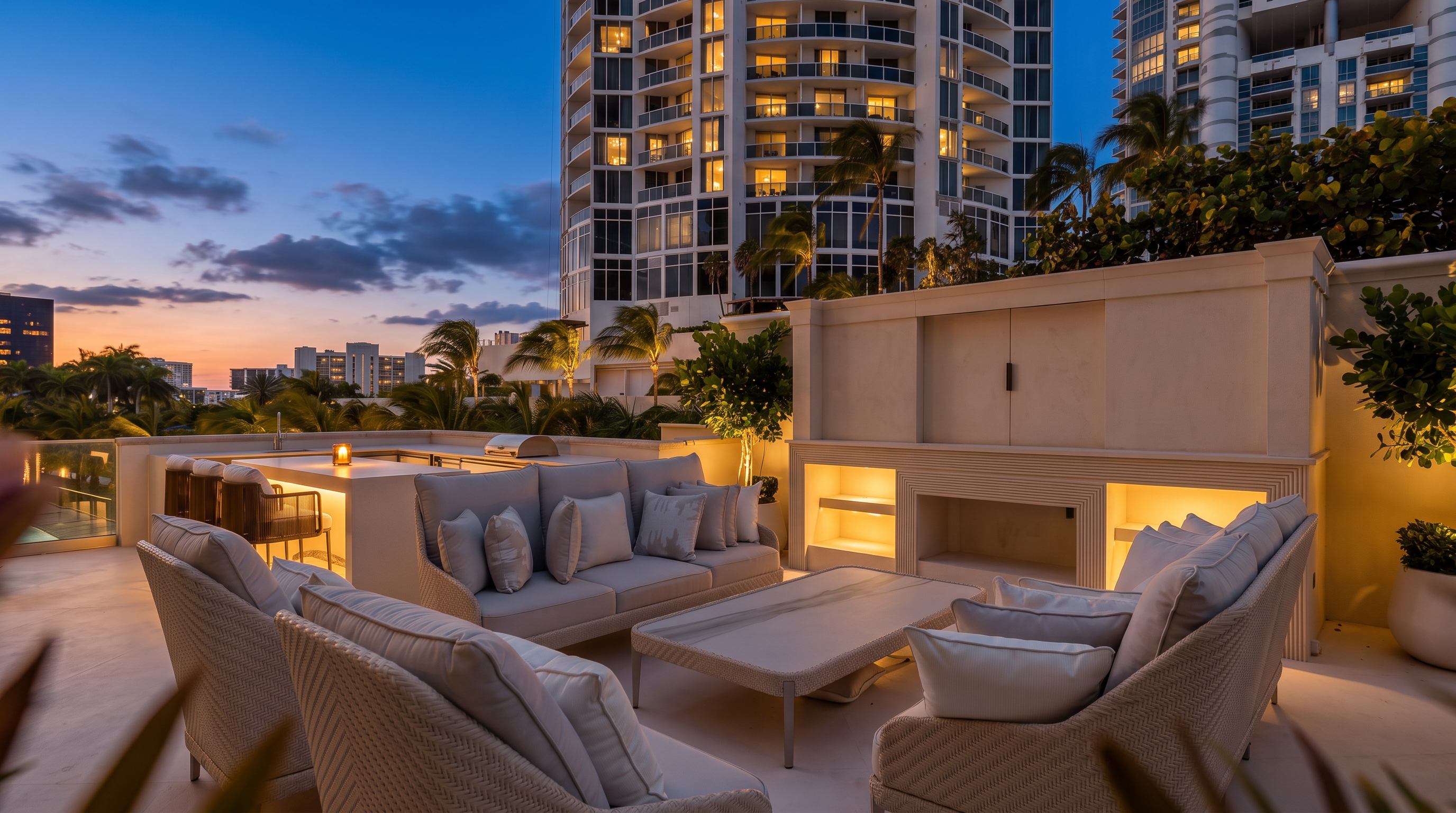 This luxurious outdoor terrace offers an sophisticated lounge area complete with plush seating, a modern fire feature, and a sleek built-in outdoor kitchen. The space is expertly illuminated with warm ambient lighting, creating an inviting atmosphere that frames panoramic views of the city skyline and coastal horizon at sunset. Its high-end furnishings and elegant design make it an exceptional space for entertaining in a premier high-rise setting.