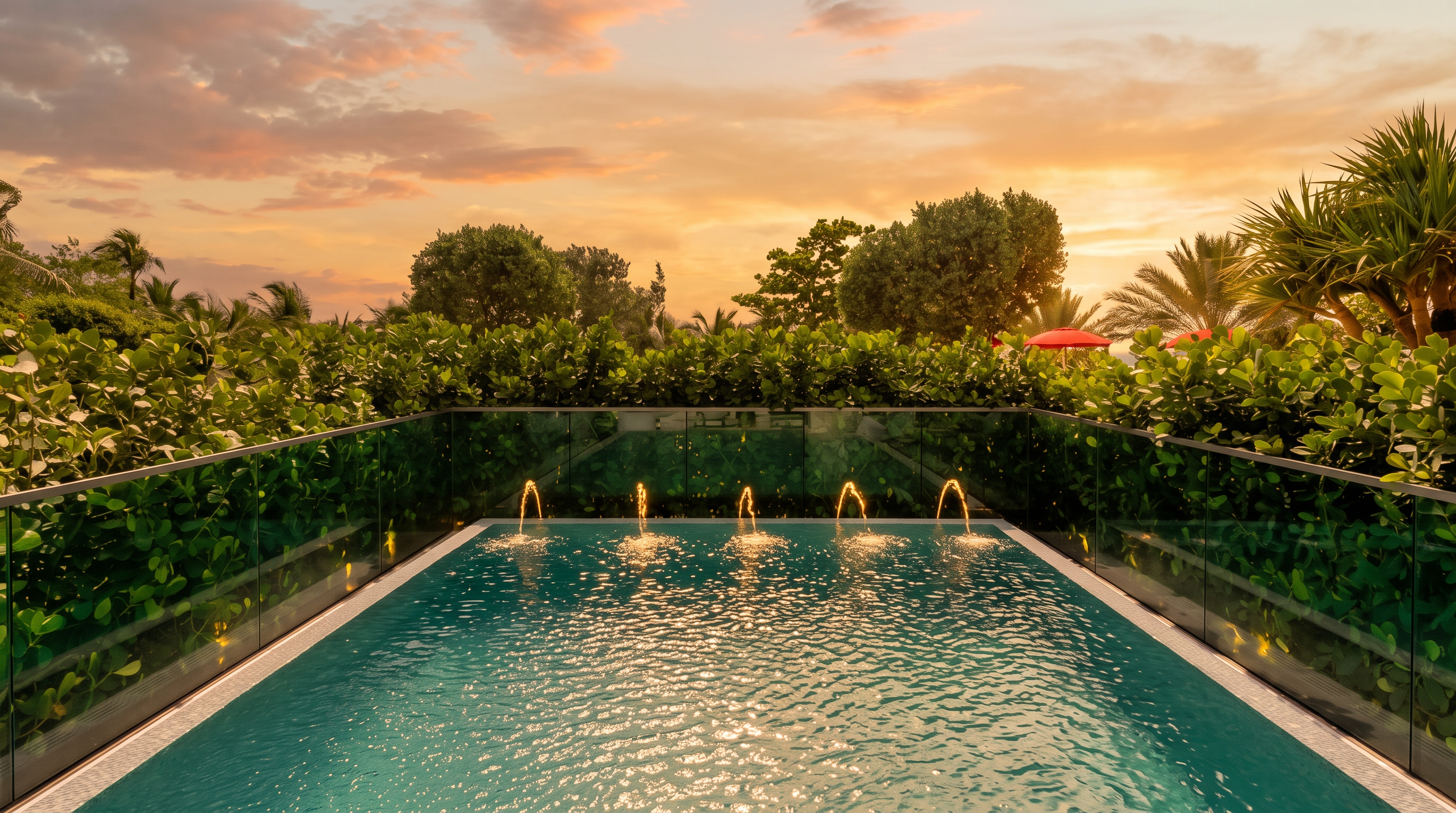 This image captures a serene, private swimming pool featuring five integrated water fountains that create a gentle cascading effect. The pool is enclosed by a sleek, transparent glass railing, offering an unobstructed view of the lush green foliage and tropical palm trees in the background. The bright blue water and clear sky suggest a luxurious, resort-style outdoor living space.