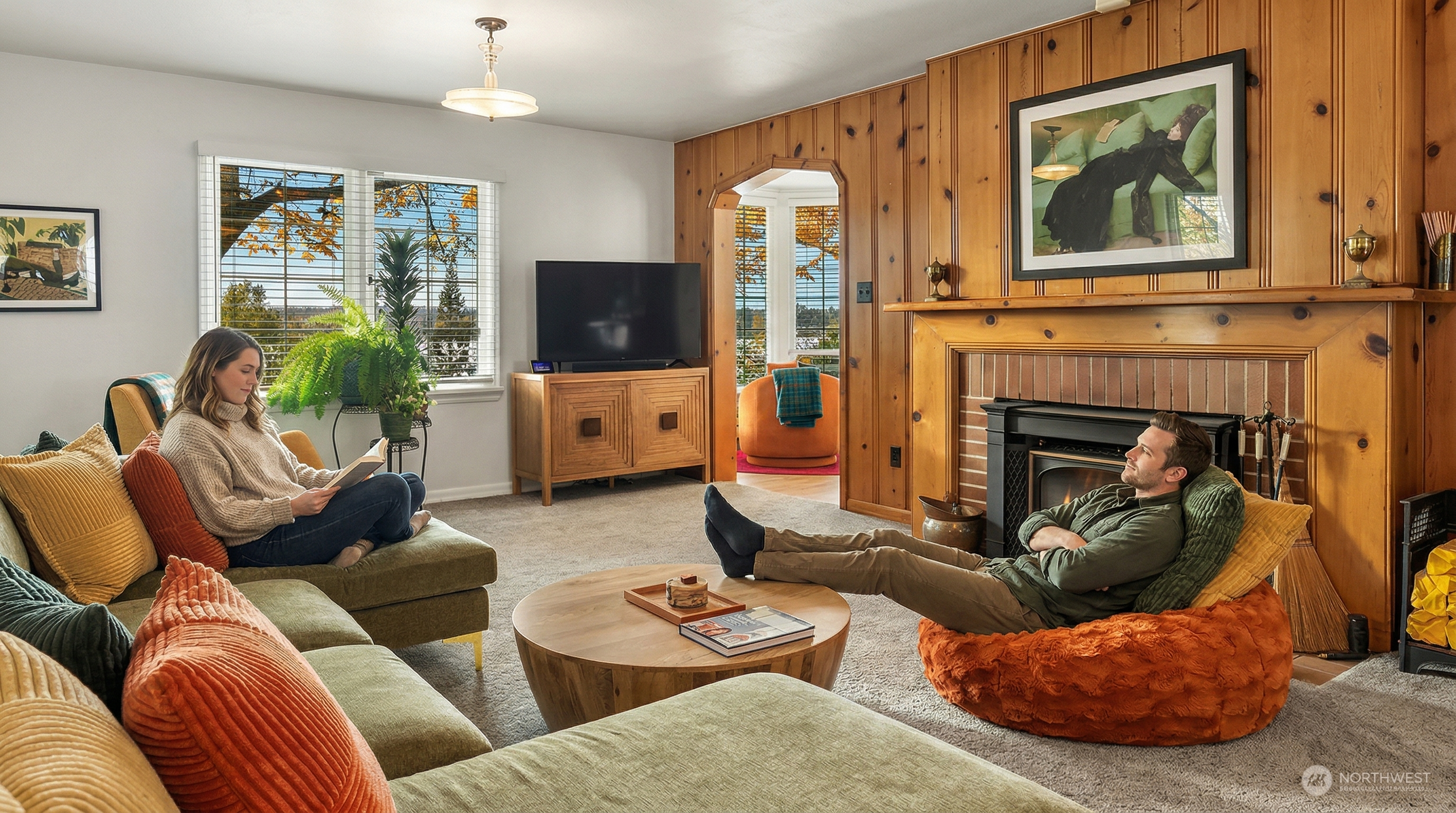 This cozy living room features a warm, rustic aesthetic highlighted by wood-paneled walls and a brick fireplace with a black insert. A large, plush olive-green sectional sofa and a round wooden coffee table anchor the space, while a bright orange beanbag chair adds a playful touch. The room is bathed in natural light from the windows, creating an inviting and comfortable atmosphere perfect for relaxation.