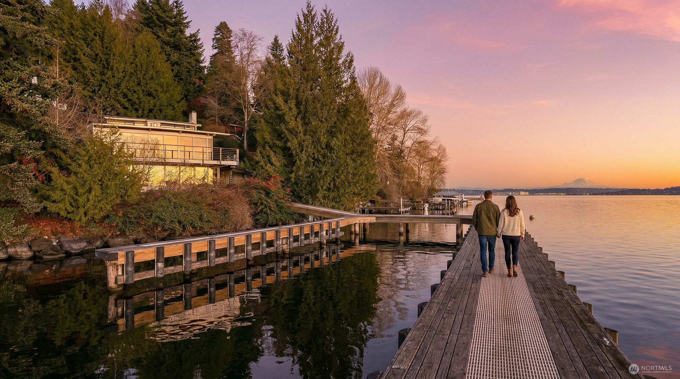 This panoramic shot captures a stunning waterfront property at sunset, featuring a modern, multi-level home nestled among lush evergreen trees. A long, wooden private dock extends from the shoreline into the calm water, leading the eye toward a distant mountain peak on the horizon. The warm, golden glow emanating from the house windows creates a welcoming and serene atmosphere, highlighting the home's integration with its natural surroundings.