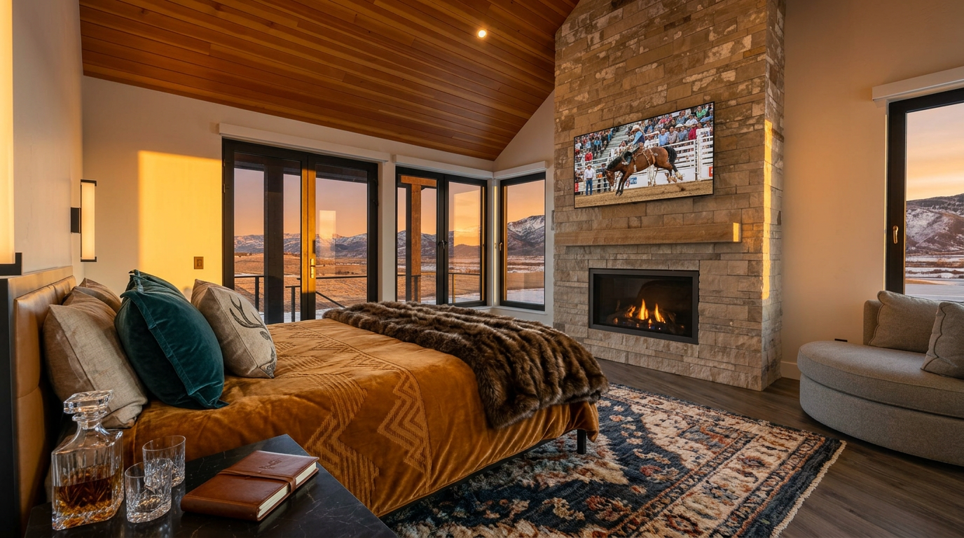 This luxurious primary bedroom features a vaulted wooden ceiling, a cozy stone fireplace, and a television mounted above the mantel. A plush bed dressed in gold textiles and a faux-fur throw offers a striking focal point, while floor-to-ceiling windows frame breathtaking mountain views during sunset. The room combines rustic western-inspired elements with high-end modern comforts, creating a warm and sophisticated retreat.