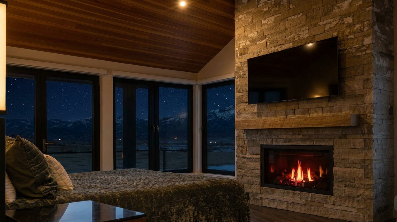 This cozy and elegant bedroom features a striking floor-to-ceiling stone fireplace with an integrated television, creating a sophisticated focal point. Large windows offer breathtaking, unobstructed views of night-time mountains and stars, enhancing the serene and luxurious atmosphere. The room is completed by rich wooden vaulted ceilings and plush bedding, emphasizing a modern rustic design aesthetic.