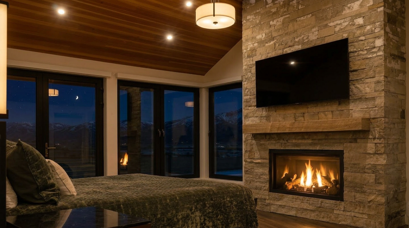 This luxurious primary bedroom features a stunning natural stone fireplace integrated into a floor-to-ceiling accent wall, which also mounts a flat-screen television. The space is capped by a warm wood-planked ceiling and expansive windows that offer breathtaking views of the moonlit mountains outside. The room creates a cozy, upscale retreat with its sophisticated blend of rustic materials and contemporary design.