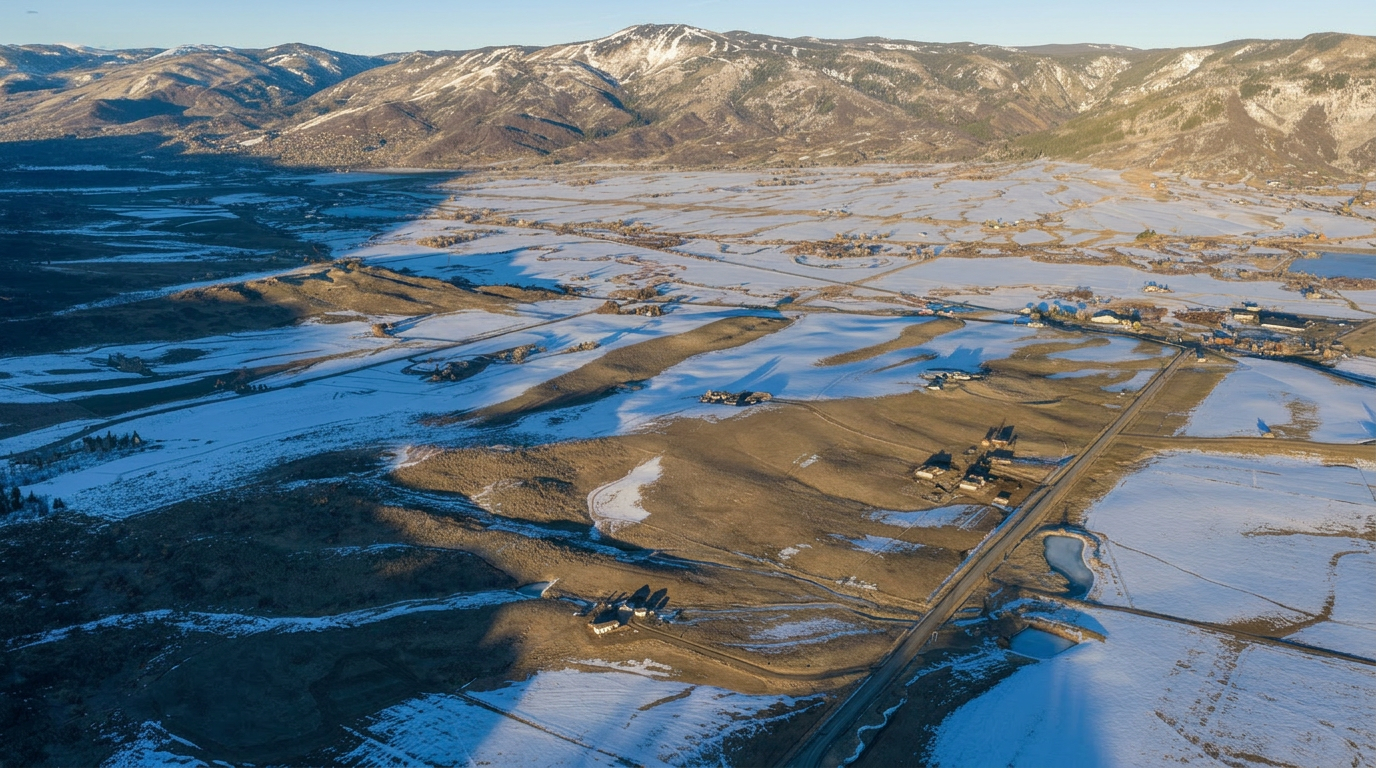This stunning wide-angle aerial shot captures a vast, rolling valley landscape blanketed in partial winter snow, framed by majestic, snow-capped mountain ranges in the distance. The property features a long, meandering road cutting through open fields, with pockets of residential development and small farm structures. It offers a sense of immense privacy, natural beauty, and potential for scenic rural living.