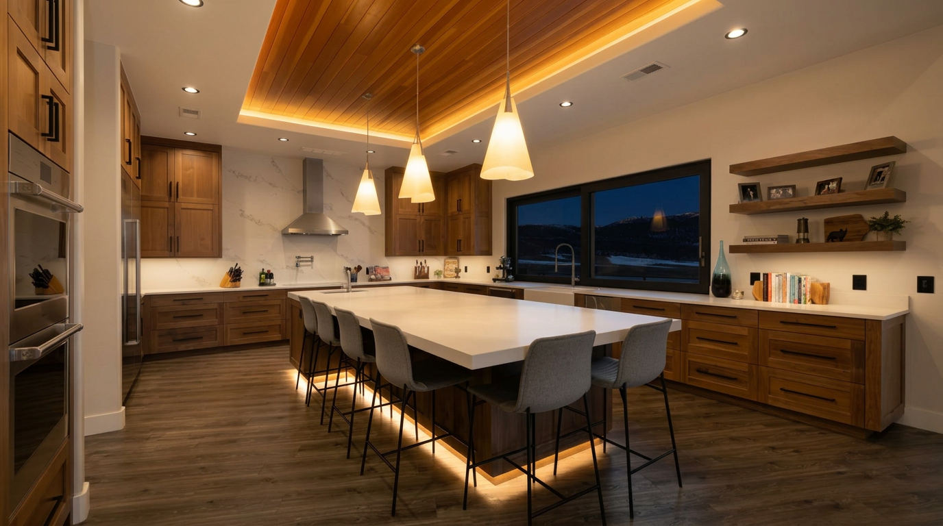 This stunning contemporary kitchen features warm wood cabinetry, polished white quartz countertops, and a striking island with gray seating. Above, a wood-paneled tray ceiling with integrated ambient lighting adds architectural warmth, while a large window provides a picturesque view of the outdoors. The space is elegantly finished with professional-grade stainless steel appliances and custom open shelving, creating a perfect blend of modern functionality and rustic luxury.