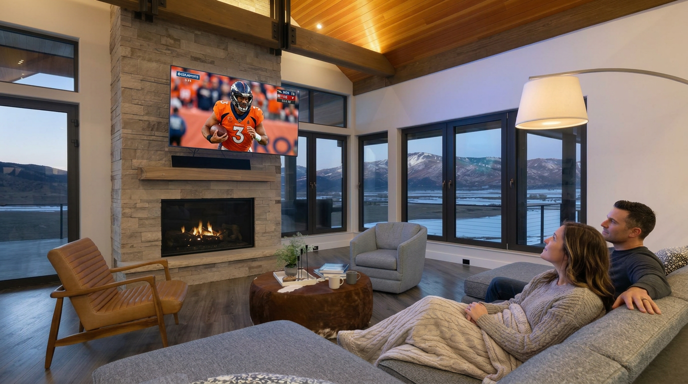 This modern living room features a striking stone fireplace that acts as a focal point, complemented by high vaulted wood-paneled ceilings. Large windows provide stunning panoramic views of a lake and mountains, flooding the space with natural light. The room is designed for comfort and entertainment, featuring a cozy seating area with a sofa, a unique round coffee table, and an integrated television.