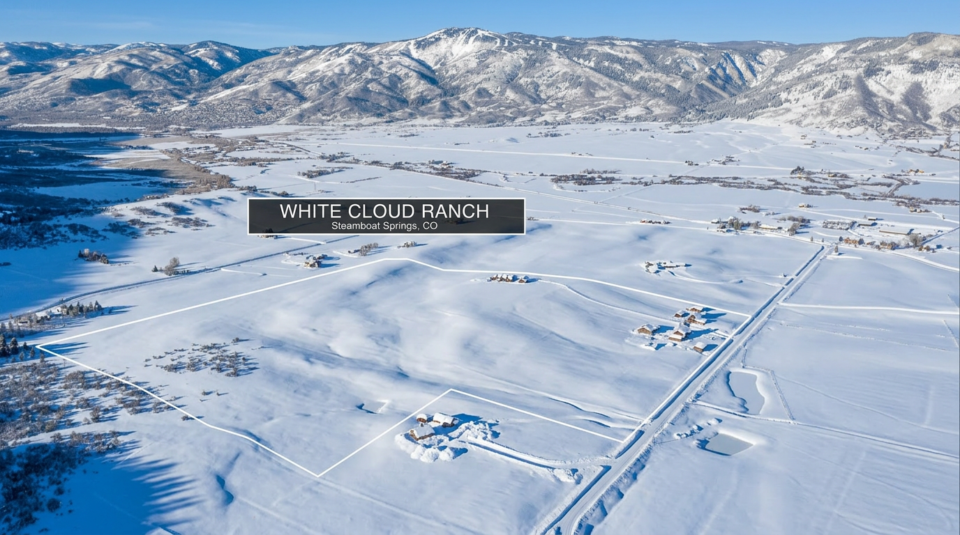This aerial view showcases the expansive White Cloud Ranch in Steamboat Springs, CO, highlighting its vast snow-covered acreage marked by property boundaries. The landscape features a prominent mountain backdrop, rolling terrain, and clustered structures, emphasizing the property's secluded and picturesque location. It represents a significant opportunity for land acquisition in a desirable winter sports destination.