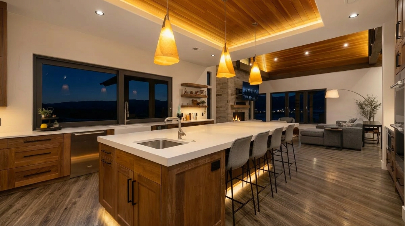 This stunning open-concept kitchen features warm wooden cabinetry, clean white countertops, and a large center island with integrated seating. The space boasts a unique wood-paneled ceiling with ambient lighting and expansive windows that provide a breathtaking view of the landscape at twilight. The integrated kitchen, living area, and fireplace create an elegant, cohesive living space perfect for modern entertaining.