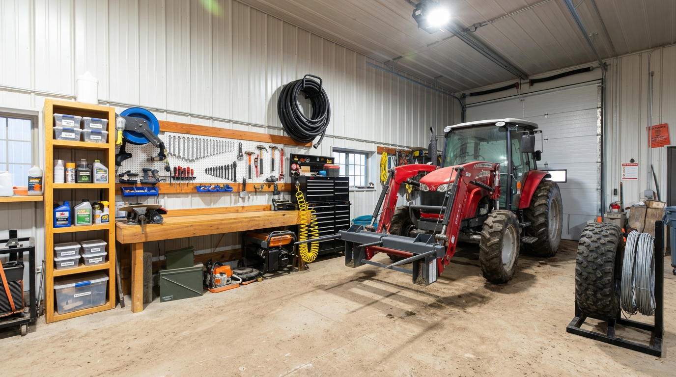 This interior view of a spacious, well-organized farm shop or garage features a large red tractor with a front loader as its centerpiece. The space is equipped with a sturdy wooden workbench, extensive wall-mounted tool storage, and metal shelving units, making it highly functional for agricultural equipment maintenance. The high ceilings, bright lighting, and concrete floor suggest it is a practical, utilitarian workspace designed for heavy-duty tasks.
