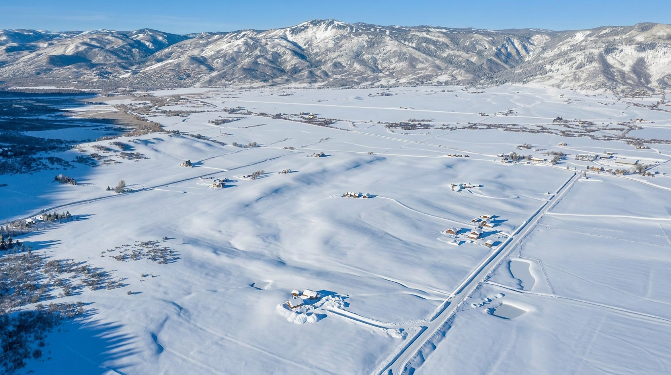 This panoramic aerial view captures a vast, snow-covered mountain valley landscape dotted with several clusters of rustic dwellings. The scene is defined by expansive white fields, distant snow-capped mountain ranges under a clear blue sky, and winding roads that navigate the rugged terrain. It conveys a serene, secluded, and picturesque winter environment that would be highly desirable for those seeking expansive, scenic properties.