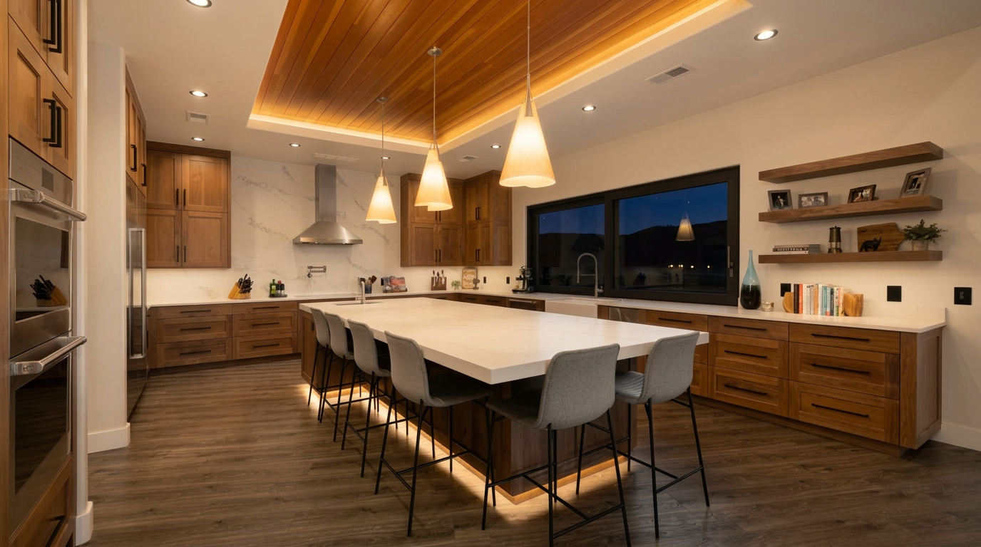 This stunning contemporary kitchen features high-quality natural wood cabinetry contrasted by sleek white quartz countertops and a large central island with seating for four. Architectural highlights include warm wood ceiling paneling with integrated recessed lighting, elegant pendant lights, and floating shelves. The space is bright and inviting, finished with durable wood-look flooring and premium stainless steel appliances.