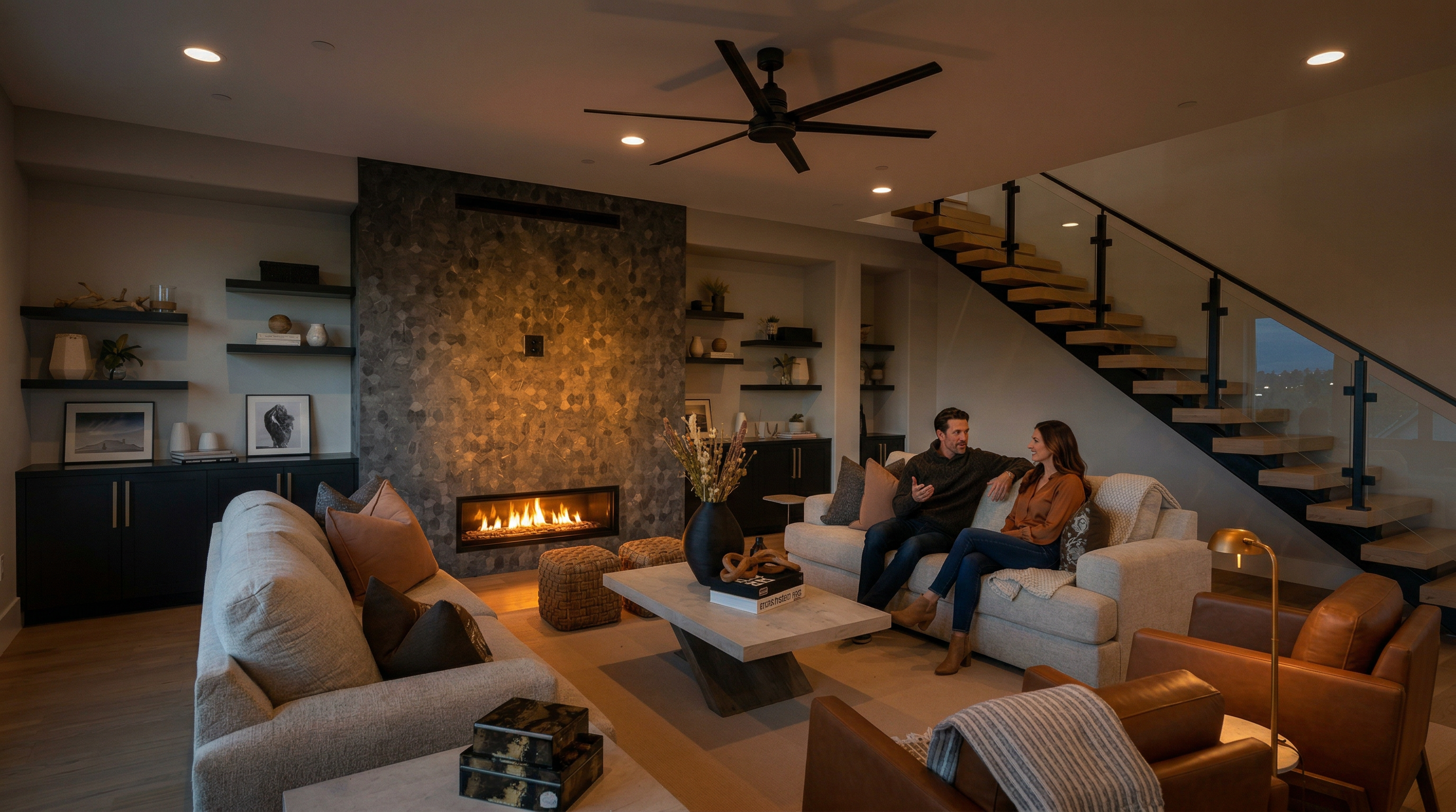This sophisticated, contemporary living room features a striking floor-to-ceiling fireplace with textured masonry and a modern linear firebox. The space includes a comfortable neutral-toned seating area perfect for entertaining, with elegant wood-accented floating stairs providing a unique architectural focal point. Large, open plan dimensions and integrated shelving with subtle under-cabinet lighting create a warm, inviting residential atmosphere.