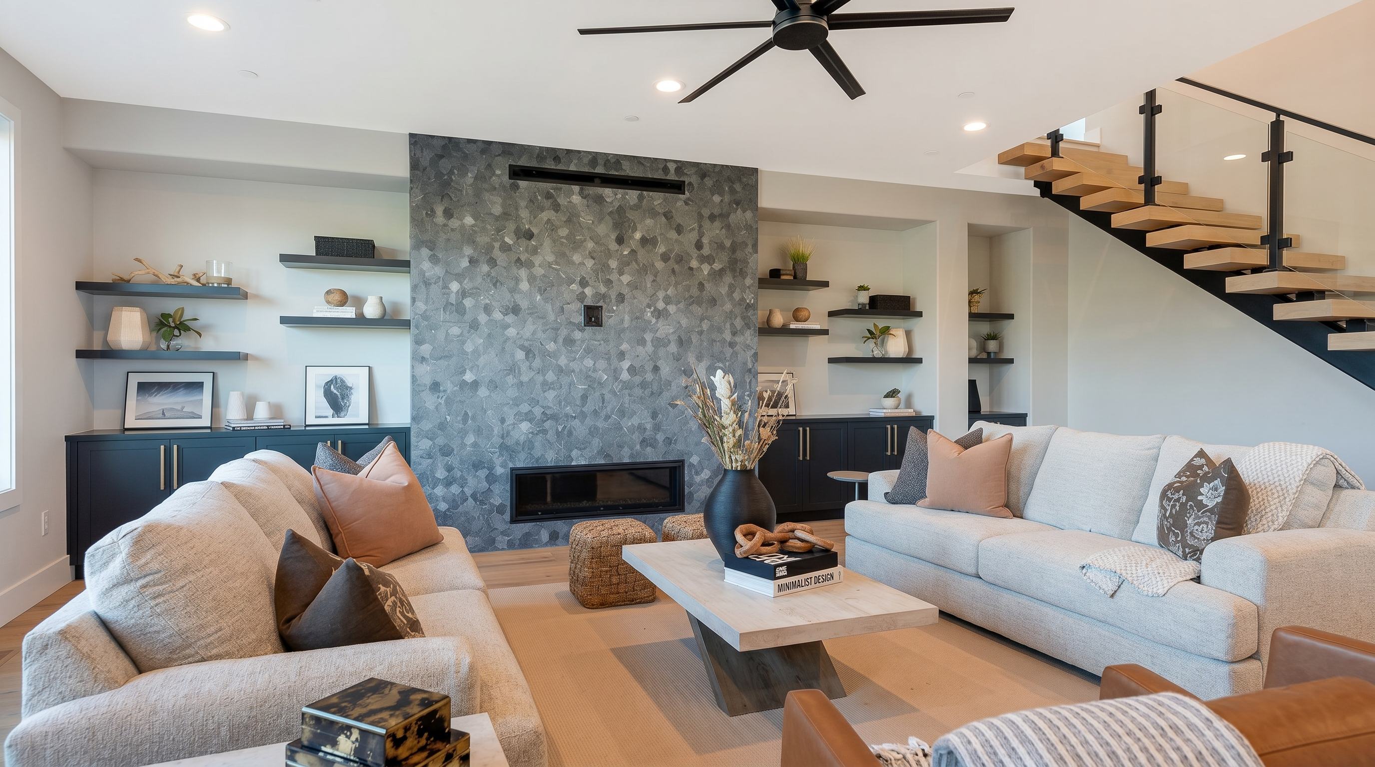 This sophisticated, contemporary living room features a striking floor-to-ceiling fireplace clad in geometric grey tile, serving as a focal point between built-in shelving and cabinetry. The space is anchored by two plush, light-grey sofas and a modern wooden coffee table, all set upon a textured area rug. A unique cantilevered wooden staircase with a glass railing highlights the open, airy design of this stylish and well-appointed home.