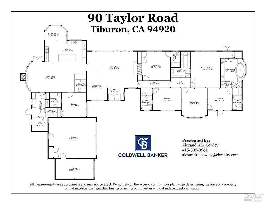 This image showcases a detailed floor plan of a residence at 90 Taylor Road in Tiburon, CA. The layout includes multiple bedrooms, bathrooms, living spaces, a kitchen, and garage areas, providing a comprehensive overview of the property's structure and dimensions. The floor plan is presented with precise measurements and room labels, offering potential buyers a clear understanding of the home's layout.