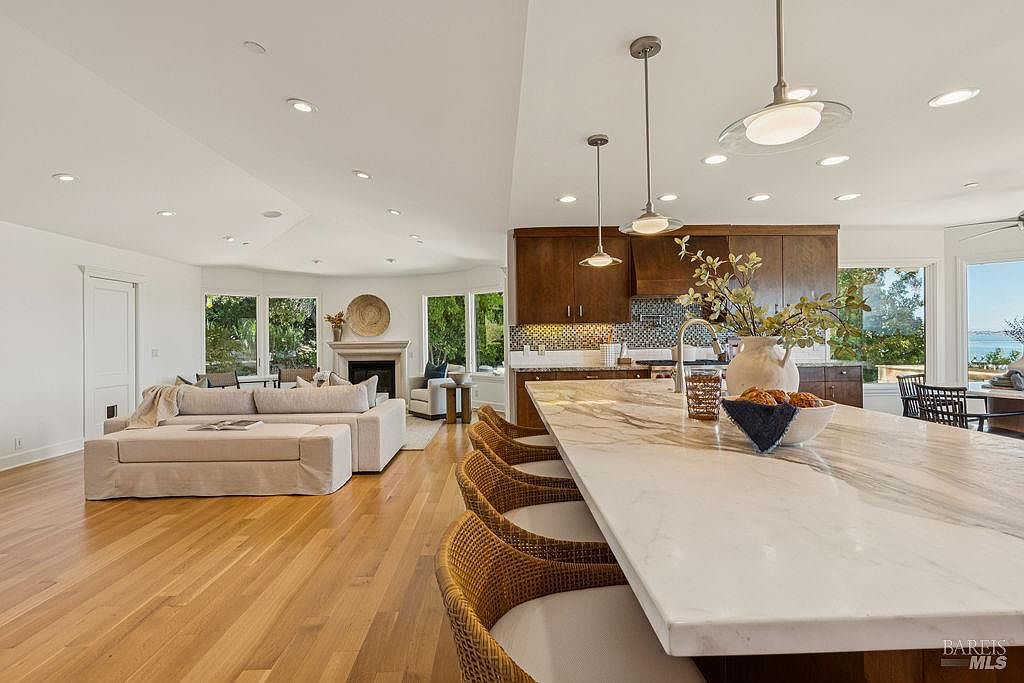 This interior shot showcases a modern kitchen seamlessly integrated with a living area. The kitchen features dark wood cabinetry, a marble countertop island with seating, and pendant lighting. The living area includes a comfortable sofa and a fireplace, creating a warm and inviting atmosphere with natural light streaming through the windows.