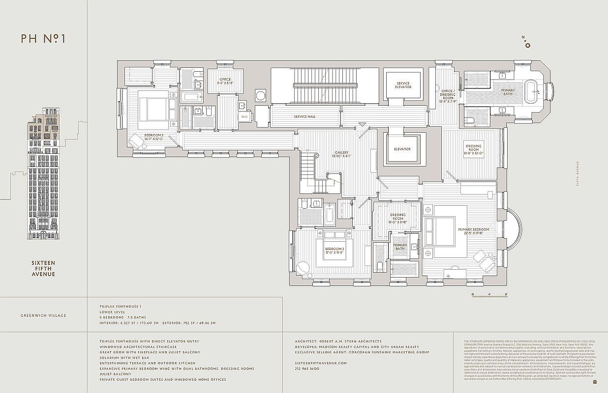 This image is a detailed architectural floor plan for the lower level of a triplex penthouse at Sixteen Fifth Avenue. The layout features multiple bedrooms with en-suite bathrooms, dedicated dressing rooms, home offices, and a central gallery space connected by a service hall and elevator access. The technical drawing provides a clear overhead perspective of the unit's spatial organization and room dimensions.