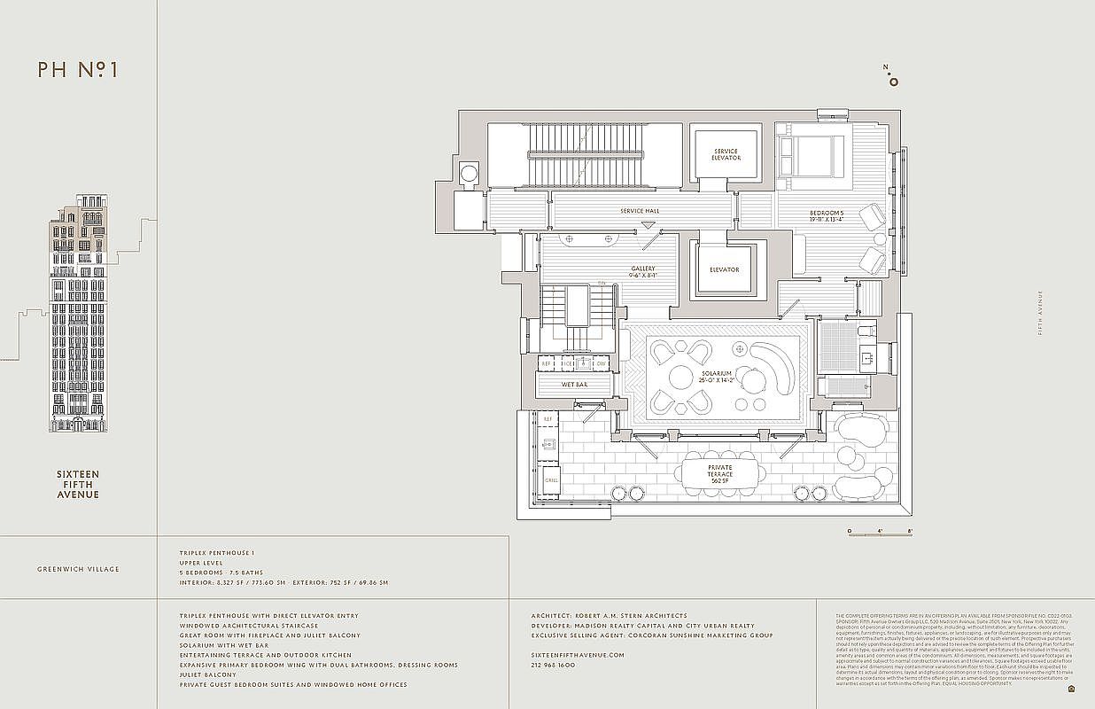This image is a detailed architectural floor plan for the upper level of a triplex penthouse at Sixteen Fifth Avenue. The layout features a central solarium with a wet bar, a private terrace with an outdoor kitchen, and a bedroom suite, all organized around a service hall and elevator core. The technical drawing provides a clear, top-down perspective of the spatial arrangement, highlighting the luxury layout and flow of the residence.