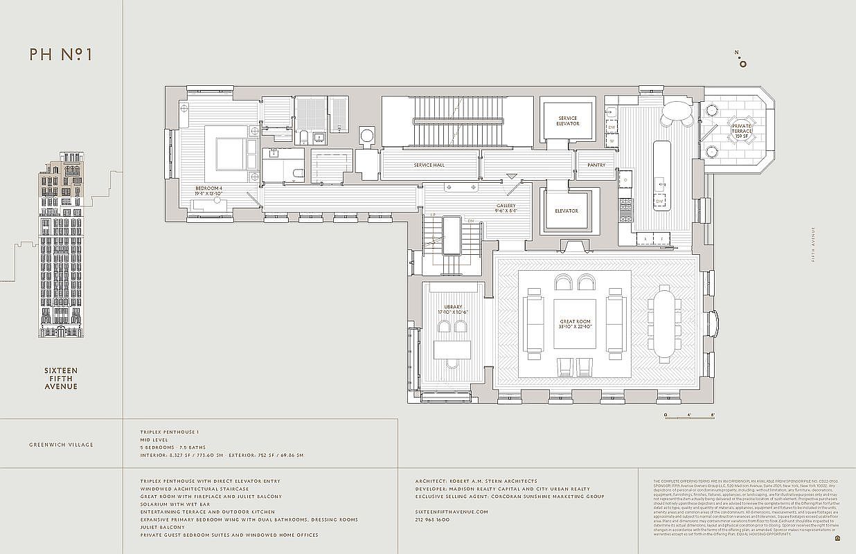 This image is a detailed architectural floor plan for the mid-level of a triplex penthouse at Sixteen Fifth Avenue. The layout features a spacious great room, a library, a bedroom with an en-suite, a service hall, and a private terrace. The plan highlights the sophisticated flow of the residence, including elevator access and a windowed staircase.