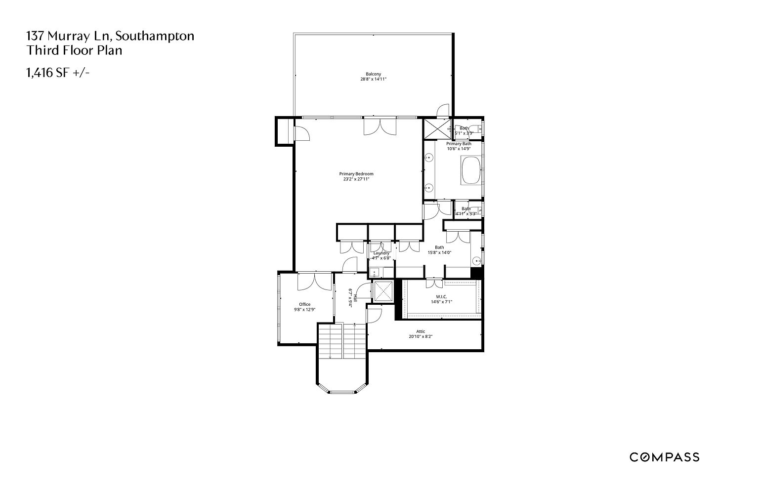 This image presents a detailed floor plan of a third-floor residence, showcasing the layout of rooms including the primary bedroom, office, bathrooms, walk-in closet, laundry, and attic. The plan also highlights the dimensions of each space and the balcony, providing a comprehensive overview of the property's structure and spatial arrangement. The floor plan is clean and easy to read, making it useful for potential buyers.