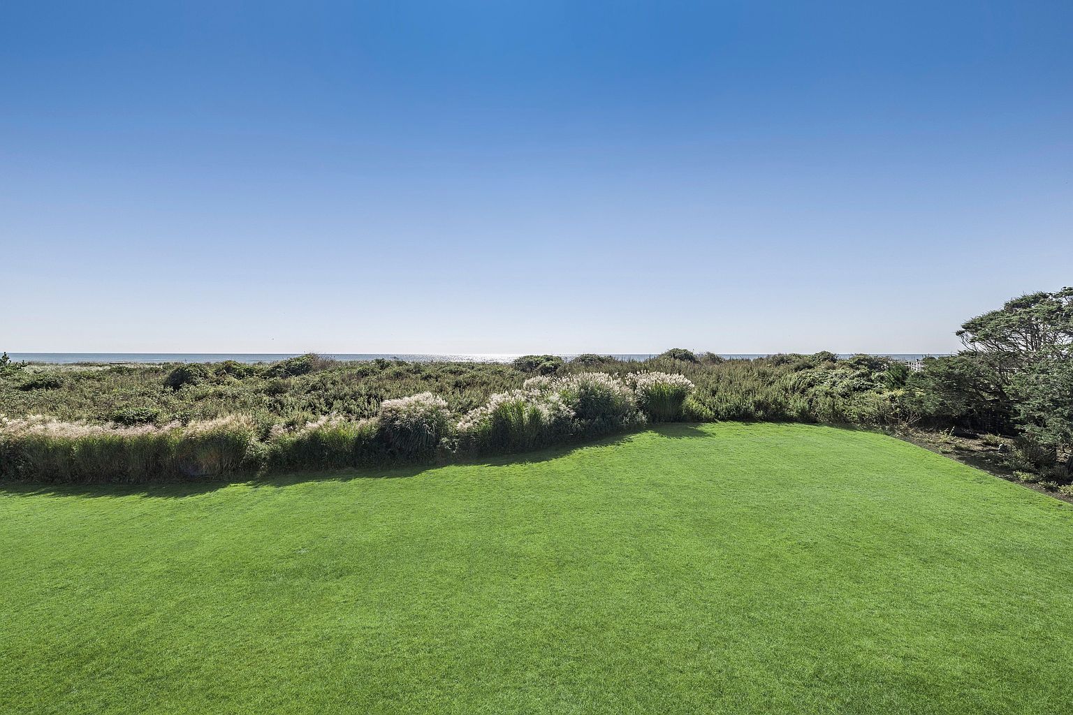 This image showcases a lush green lawn extending towards a natural dune landscape, with the ocean visible in the background under a clear blue sky. The well-maintained lawn suggests a spacious and inviting outdoor area, perfect for relaxation or recreation. The natural dune vegetation adds privacy and a touch of coastal charm.