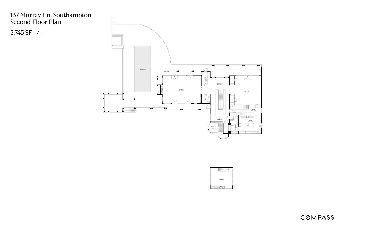 This image shows the second floor plan of a house located at 137 Murray Ln, Southampton. The floor plan includes a swimming pool, living room, dining room, kitchen, bedrooms, and bathrooms. The total area of the second floor is 3,745 SF +/-.