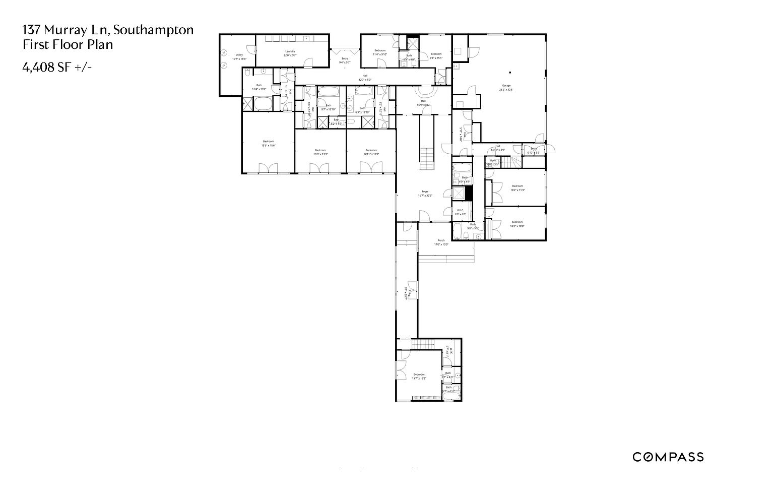 This image presents a first-floor plan of a house located at 137 Murray Ln, Southampton, with a total area of 4,408 square feet. The layout includes multiple bedrooms, bathrooms, a laundry room, a foyer, a porch, and a garage, providing a comprehensive view of the home's spatial arrangement and room dimensions.