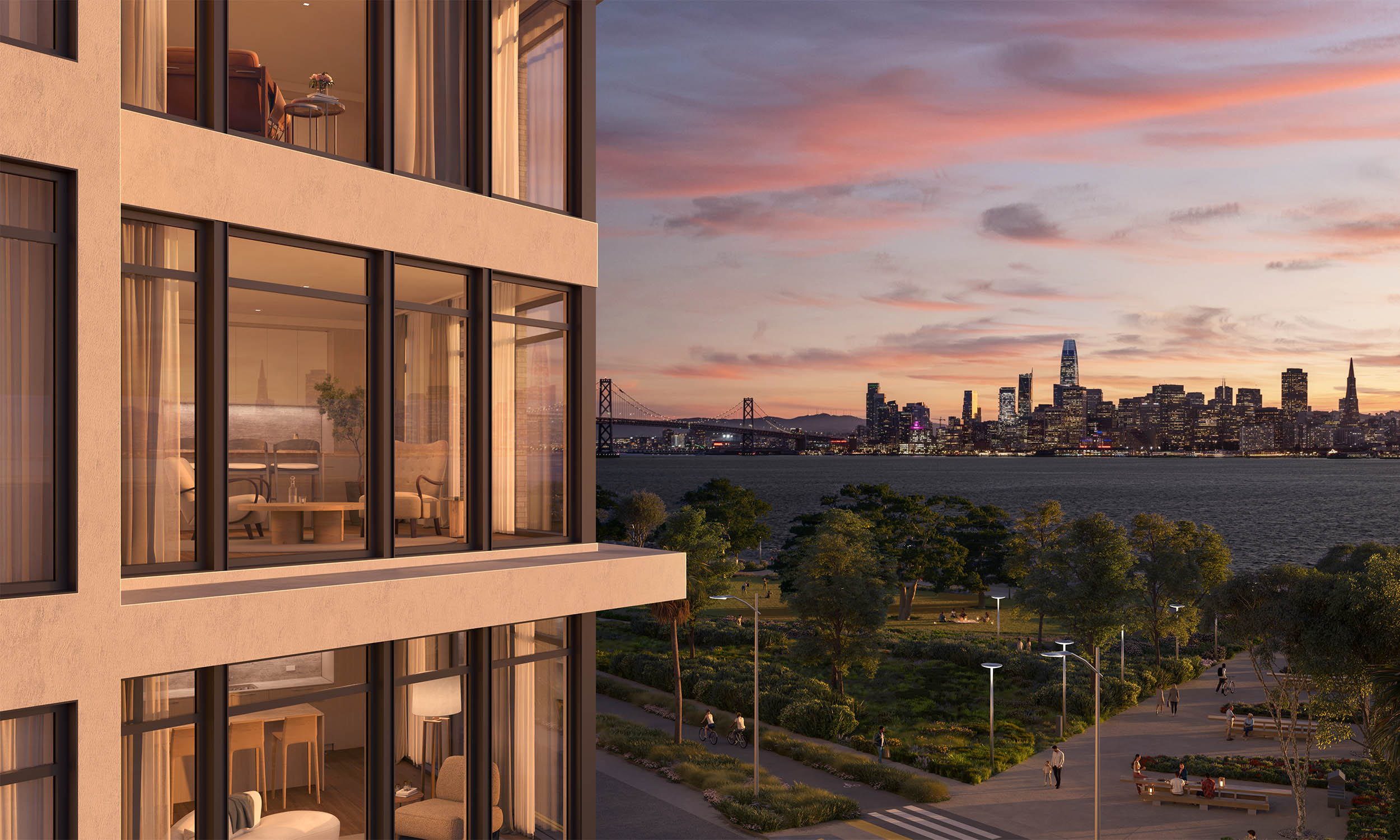 This image showcases a modern residential building with large windows offering stunning views of the city skyline and waterfront. The building's exterior features a neutral color palette, and the surrounding area includes a well-maintained park with walking paths and lush greenery. The overall impression is one of luxury and urban sophistication, highlighting the building's prime location and desirable amenities.