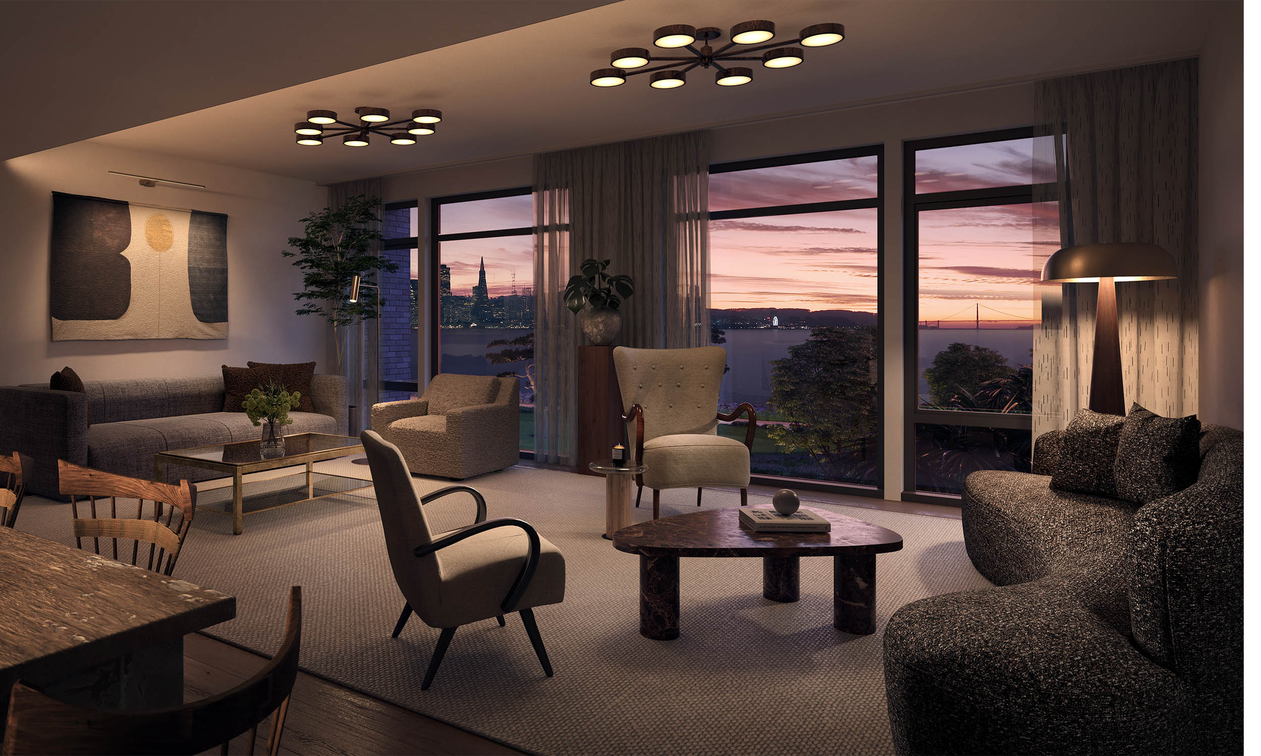 This is a beautifully staged living room with a sophisticated and modern aesthetic. The room features comfortable seating arrangements, including a large sofa and several armchairs, arranged around stylish coffee tables. Large windows offer stunning views of the city skyline and water, enhancing the room's appeal and creating a serene atmosphere.