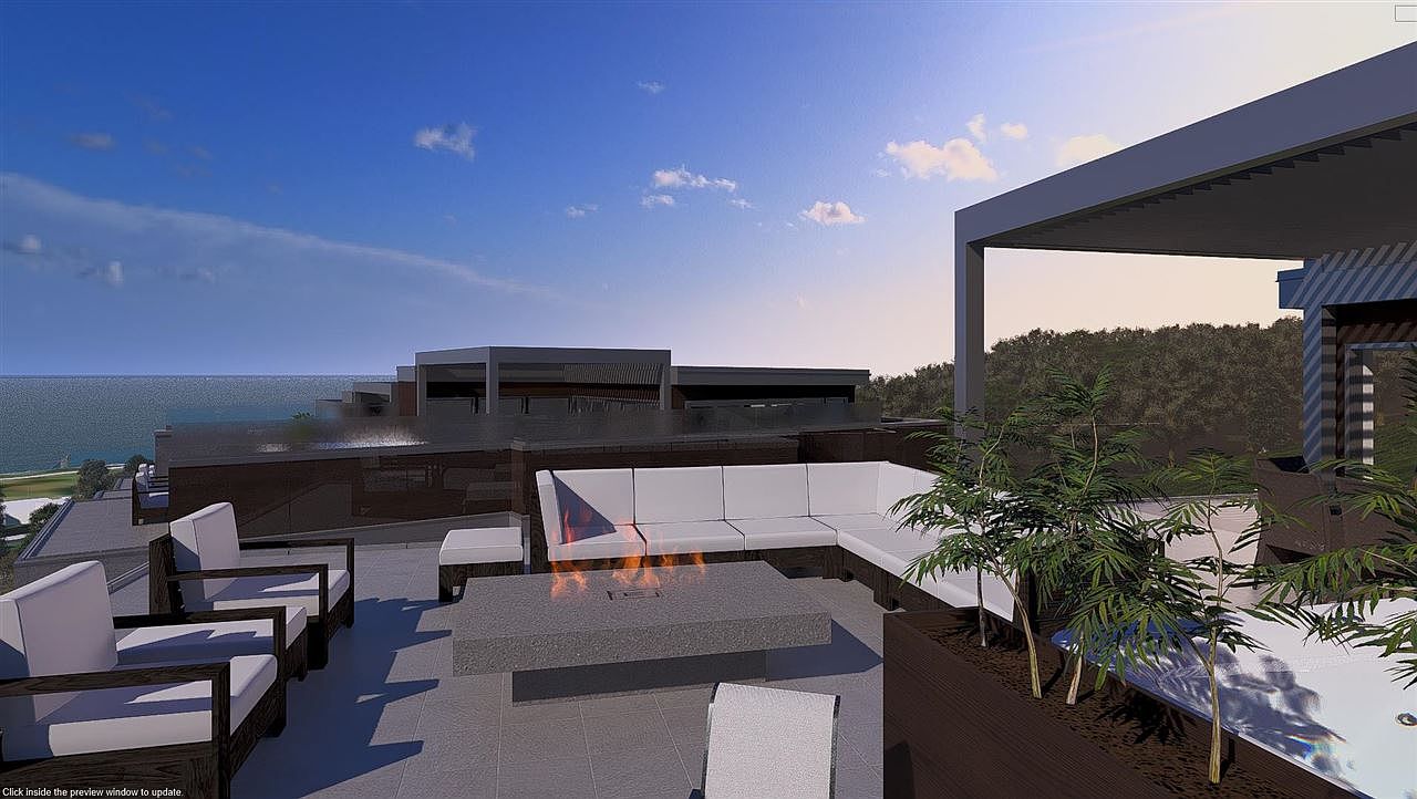 This image showcases a luxurious rooftop patio or deck area, featuring modern outdoor furniture including a large sectional sofa and armchairs. A sleek fire pit adds warmth and ambiance, while potted plants provide a touch of greenery. The space offers stunning views of the ocean and surrounding landscape, suggesting a high-end residential property.