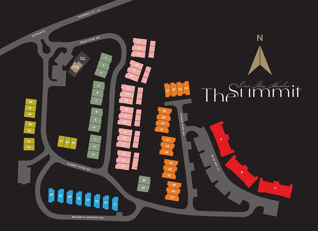 This image presents a detailed site plan of "The Summit Over Bay Harbor," showcasing the layout of residential buildings, roadways, and community amenities. The plan includes numbered buildings, labeled streets like Aqua View Dr. and Summit View Dr., and highlights the location of the clubhouse and pool area. The overall impression is of a well-organized and amenity-rich residential community.