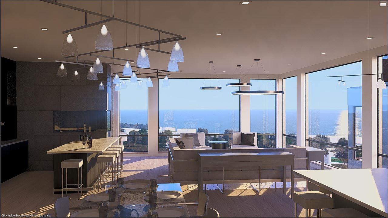 This is a bright and airy living room with floor-to-ceiling windows offering stunning ocean views. The space features modern furnishings, including a sleek sofa and dining area, complemented by contemporary lighting fixtures. The open floor plan and natural light create a luxurious and inviting atmosphere.