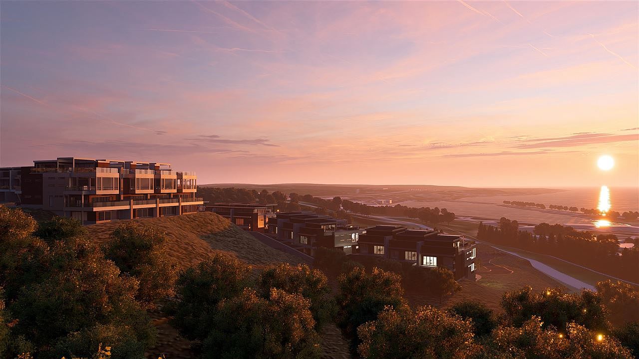 This aerial view showcases a luxurious residential complex at sunset, featuring modern architecture with multiple buildings nestled on a hillside overlooking a body of water. The warm, golden light bathes the scene, highlighting the well-manicured landscaping and the serene coastal setting, creating an impression of exclusivity and tranquility. The perspective is cinematic, emphasizing the scale and beauty of the property within its natural environment.