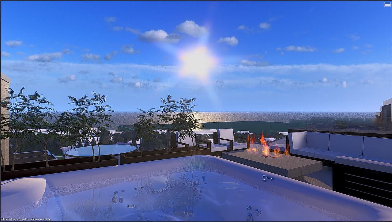 This image showcases a luxurious outdoor patio or balcony area, complete with a hot tub, fire pit, and comfortable seating. The space is designed for relaxation and entertainment, offering stunning views of the ocean and sky. The overall impression is one of high-end living and sophisticated outdoor enjoyment.