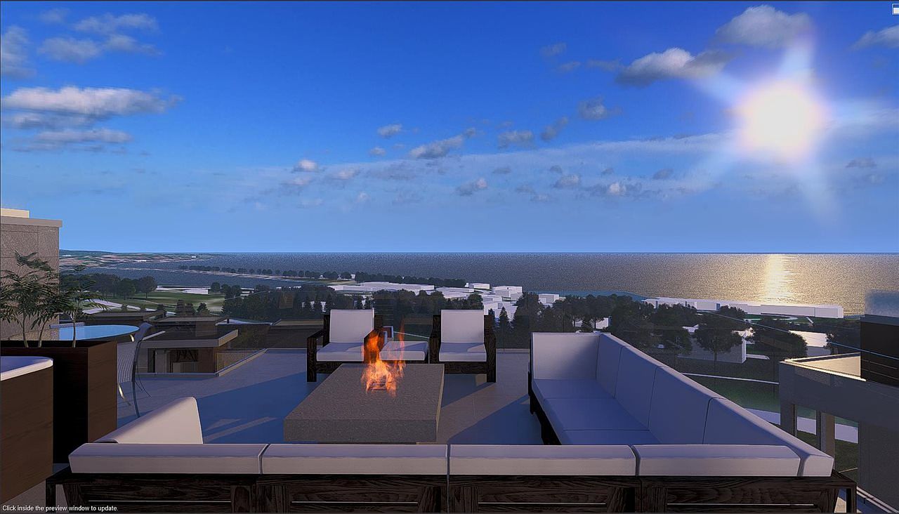 This image showcases a luxurious rooftop patio or balcony with modern outdoor furniture, including a large sectional sofa and stylish chairs arranged around a fire pit. The space offers stunning panoramic views of the ocean and cityscape, creating an inviting atmosphere for relaxation and entertainment. The overall impression is one of upscale outdoor living.