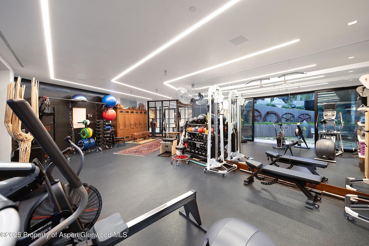 This is a spacious home gym featuring a variety of exercise equipment, including weight machines, free weights, and cardio machines. The room has a sleek, modern design with black flooring, a mirrored wall, and unique lighting fixtures. A large window provides natural light and a view of the outdoor landscape, enhancing the workout experience.