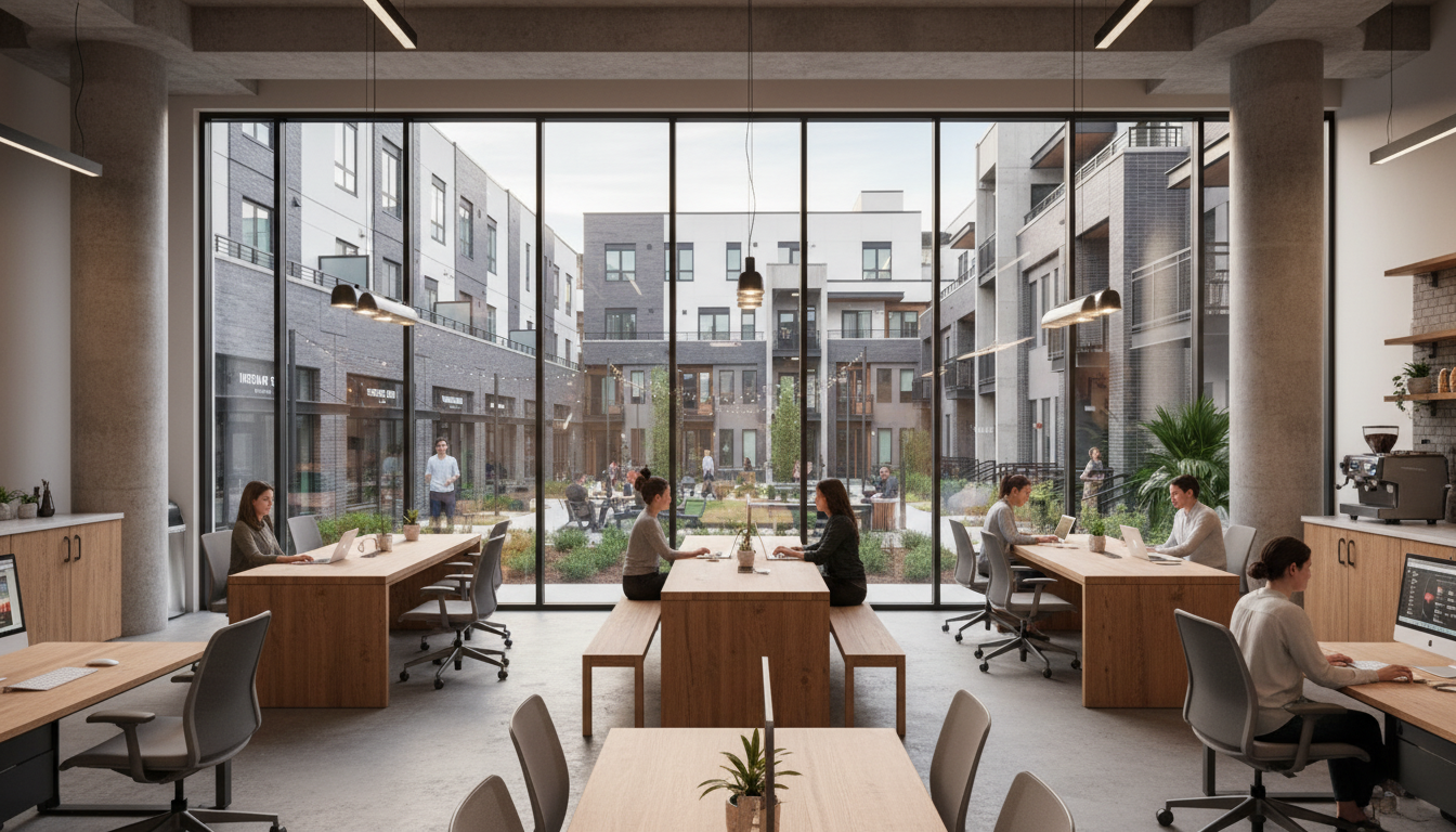 This is an interior shot of a modern open-concept office space. It features large windows offering views of an exterior courtyard, multiple work desks, and contemporary office furniture. The space boasts concrete pillars and minimalist lighting, creating a bright and professional atmosphere.