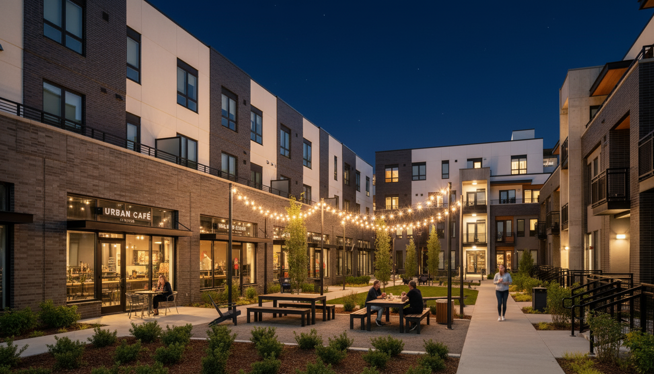 This image showcases an outdoor community space nestled between modern apartment buildings. String lights illuminate the area with seating and landscaping. The space provides a communal and inviting atmosphere for residents, emphasizing a walkable and social lifestyle.