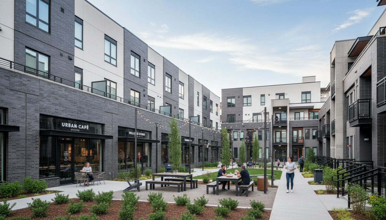The image showcases a communal outdoor courtyard surrounded by modern apartment buildings. The courtyard features picnic tables, seating areas, landscaped greenery, and string lights, creating an inviting and social atmosphere. The presence of an 'Urban Cafe' suggests a vibrant and convenient lifestyle for residents.