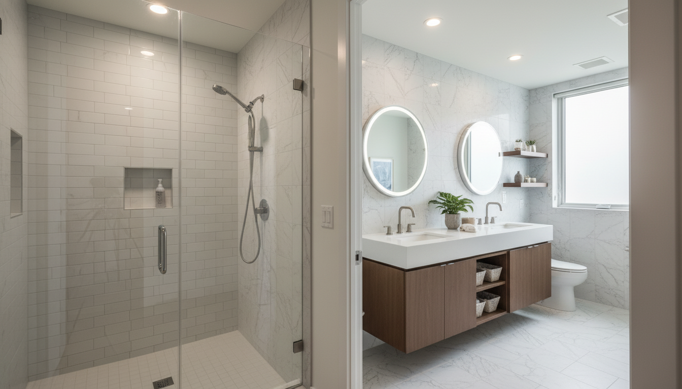 This is a modern primary bathroom with a double vanity, round illuminated mirrors, and a glass-enclosed shower. The walls and floors are covered in marble-like tiles, creating a bright and luxurious atmosphere. Brown wooden cabinets provide storage space under the white countertop.
