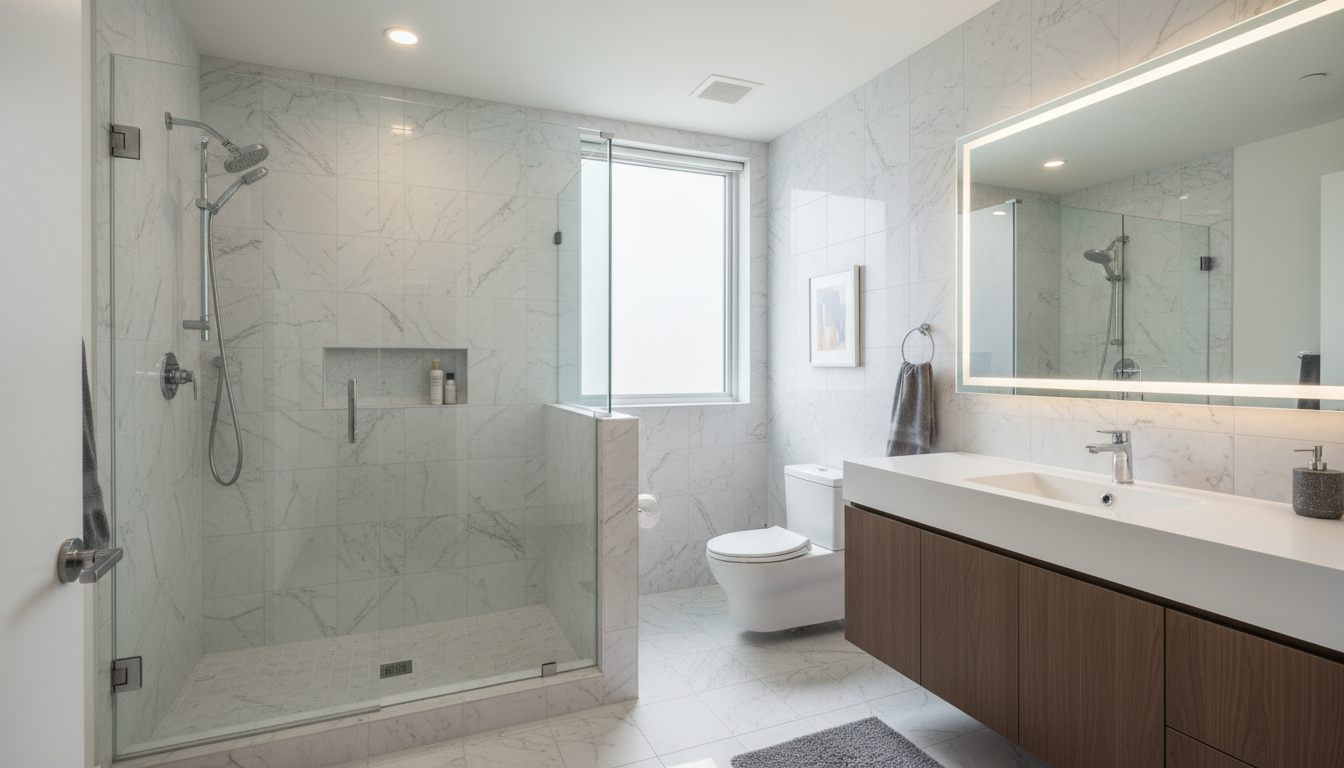 This is a well-lit primary bathroom featuring marble-look tile throughout the shower stall and walls. The bathroom includes a modern vanity with wood-grain cabinets, a sleek countertop with an integrated sink, and a large LED-backlit mirror. A glass-enclosed shower and a contemporary toilet complete the luxurious feel of the space.