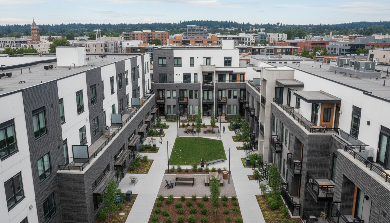 An aerial view of a modern apartment complex with central courtyard. The buildings showcase a contemporary design with a mix of white and gray exteriors, accented by dark brick. The courtyard features geometric lawn area with walkways, seating, and landscaping, creating a tranquil and inviting outdoor space for residents.